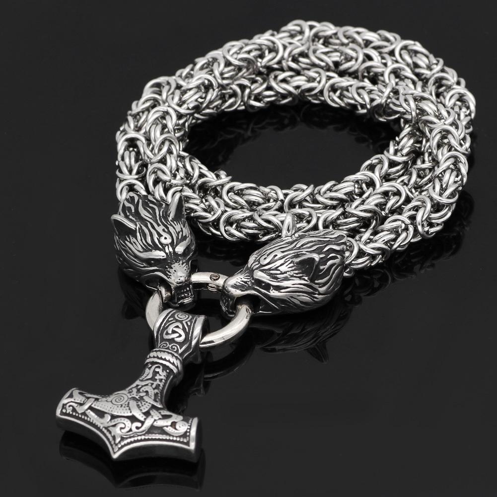 KING CHAIN WITH MJOLNIR PENDANT HELD BY WOLF HEADS