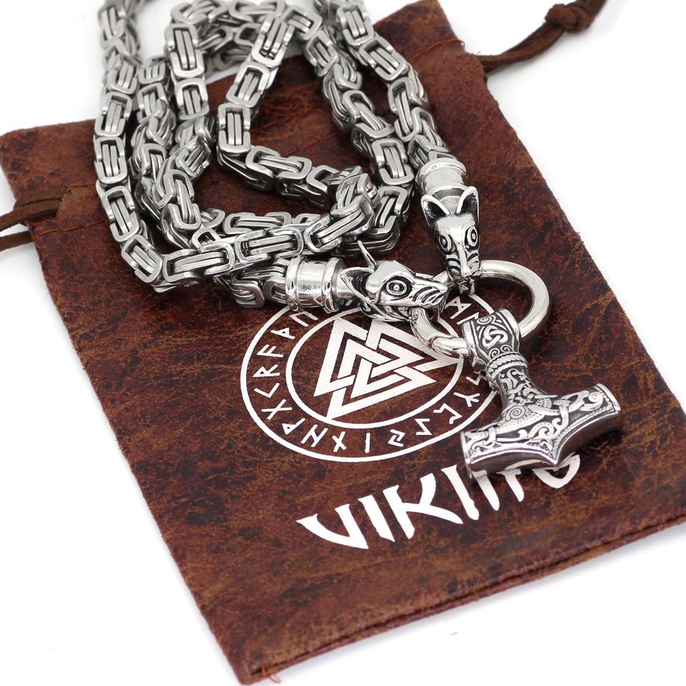 KING CHAIN WITH TWIN WOLVES AND MJOLNIR PENDANT