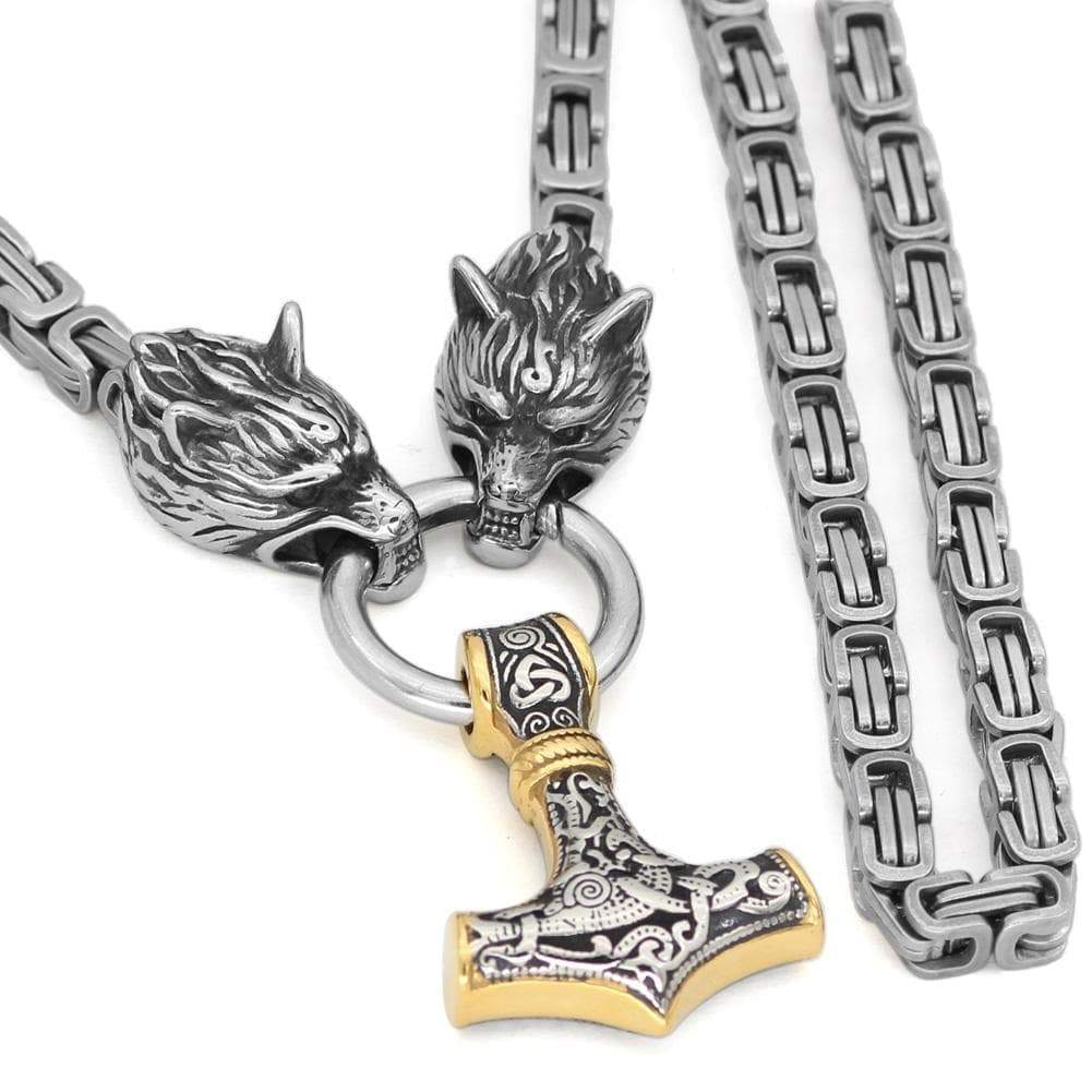 KING CHAIN WITH TWO WOLF HEADS AND GOLD-ACCENTED MJOLNIR PENDANT