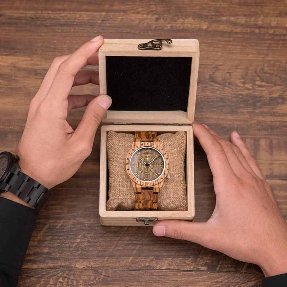 WOODEN VIKING WATCH WITH HELM OF AWE DESIGN