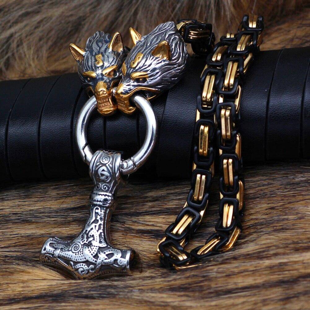 Gold and Black Decorated King’s Chain with Wolves and Mjolnir Pendant