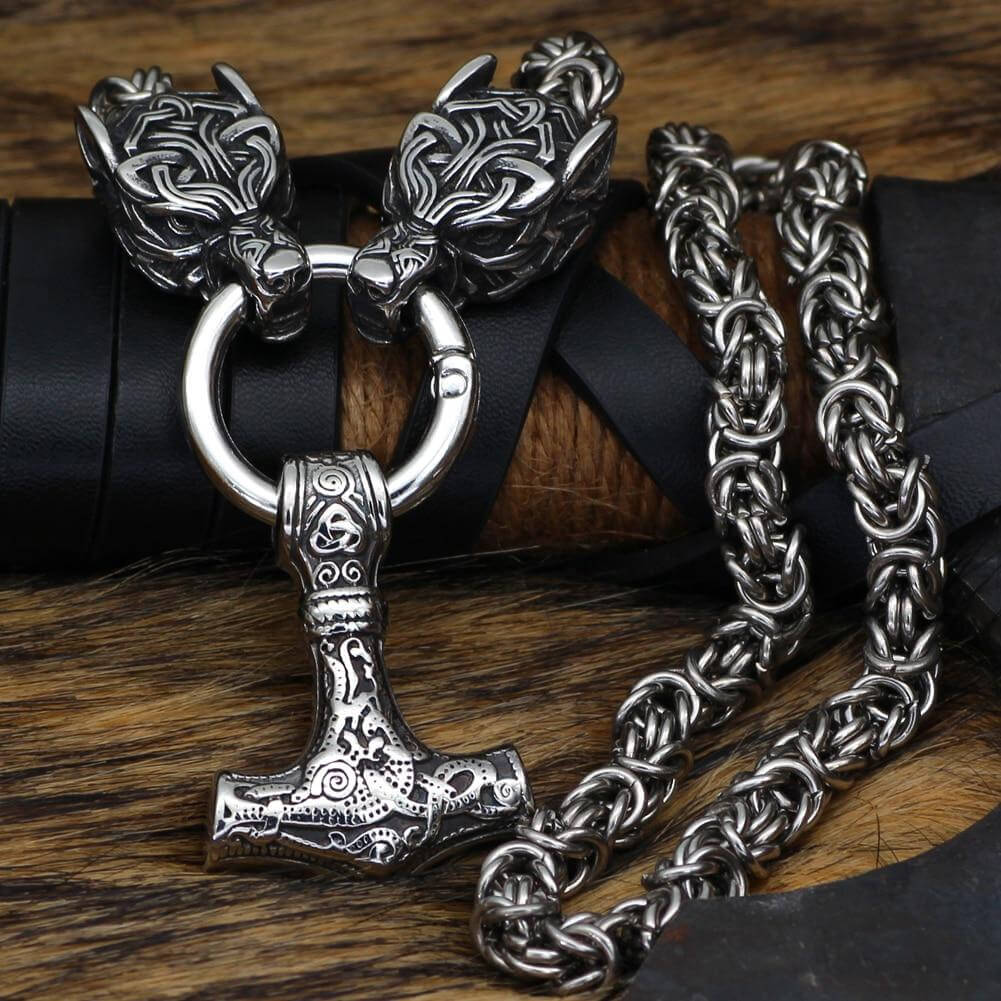 Braided King’s Chain with Two Wolf Heads Holding a Mjolnir Pendant