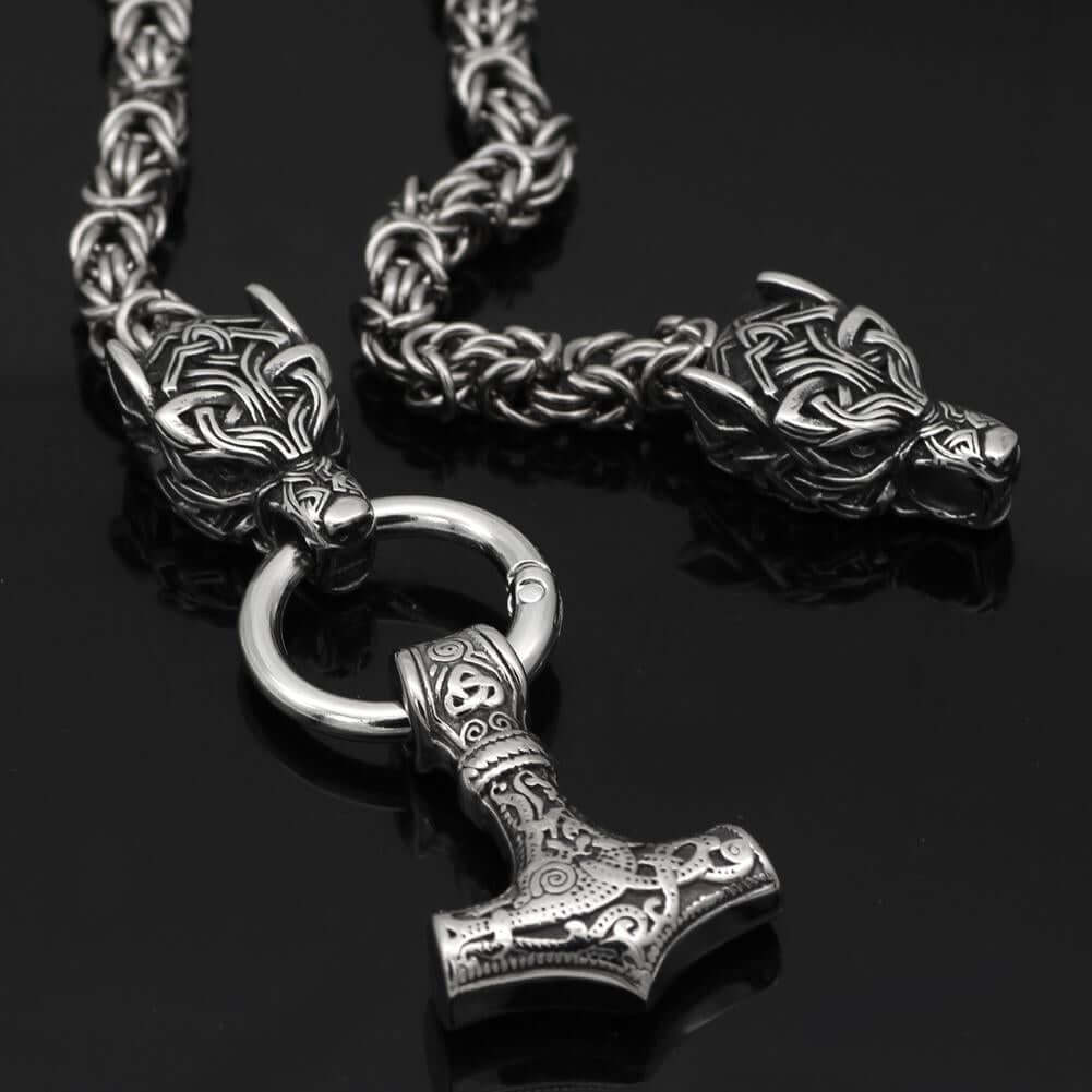 Braided King’s Chain with Two Wolf Heads Holding a Mjolnir Pendant