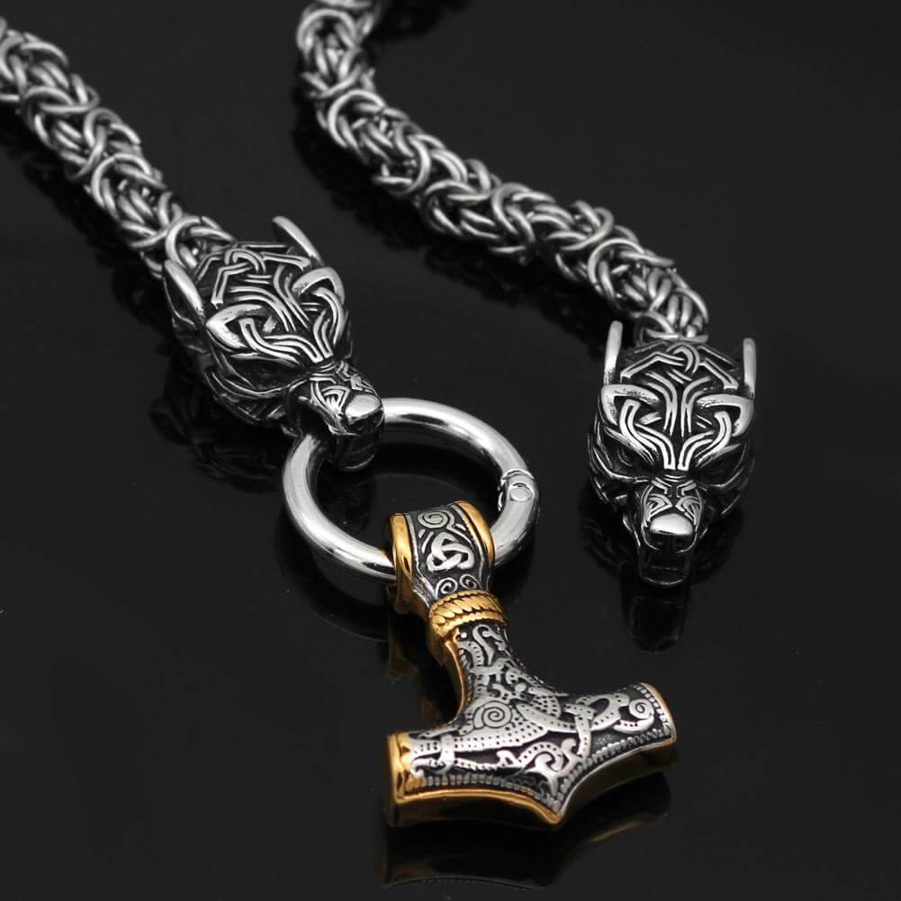 Braided King’s Chain with Two Wolf Heads Holding a Mjolnir Pendant