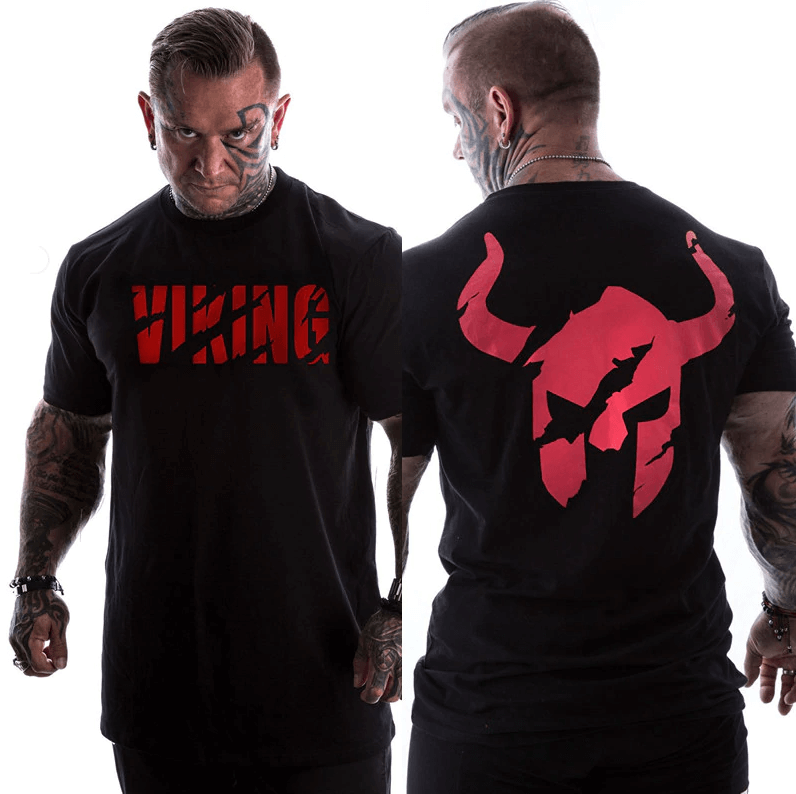 Viking T-Shirt - Red Viking Shirt with Nordic God Helmet