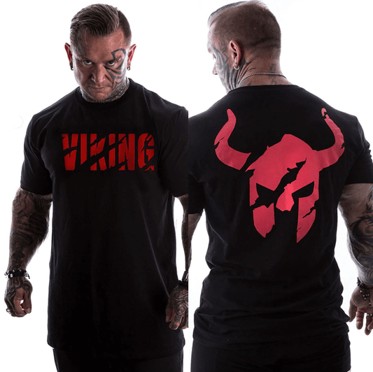 Viking T-Shirt - Red Viking Shirt with Nordic God Helmet