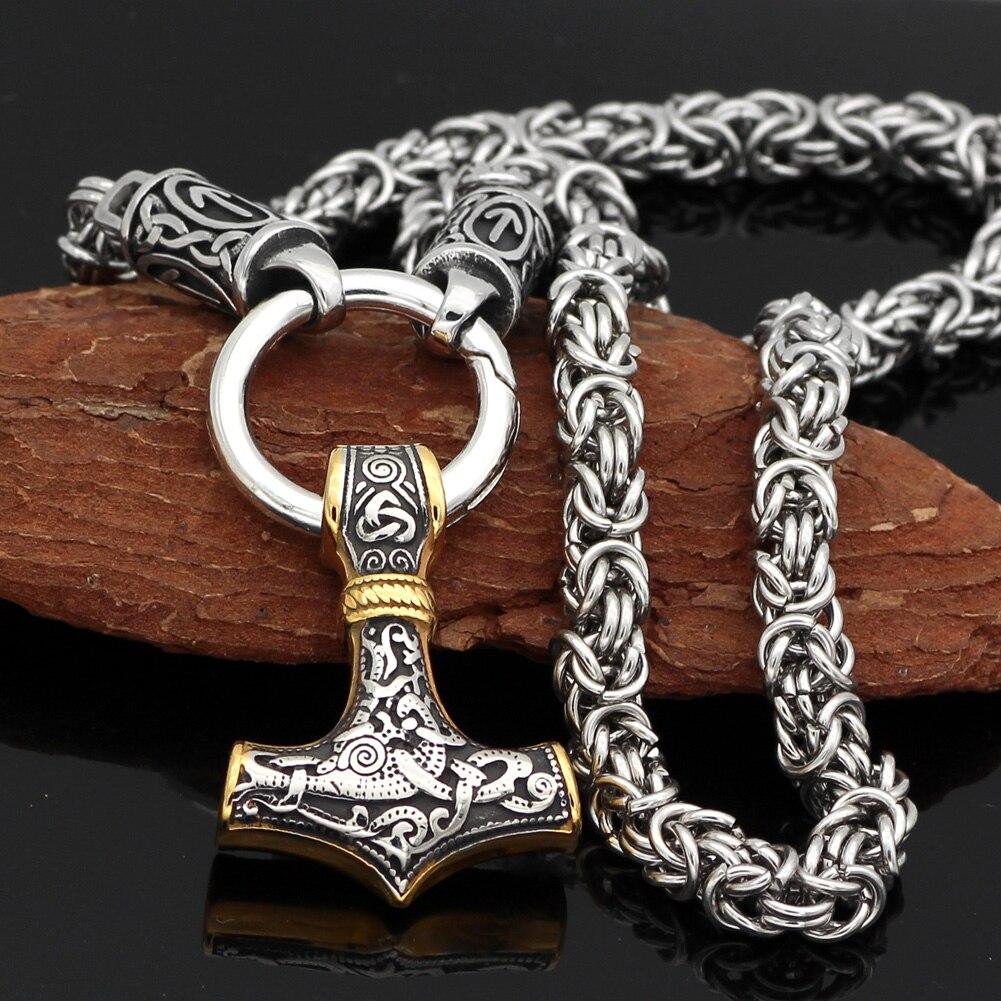 Braided King’s Chain with Runes and Gold-Decorated Mjolnir Pendant