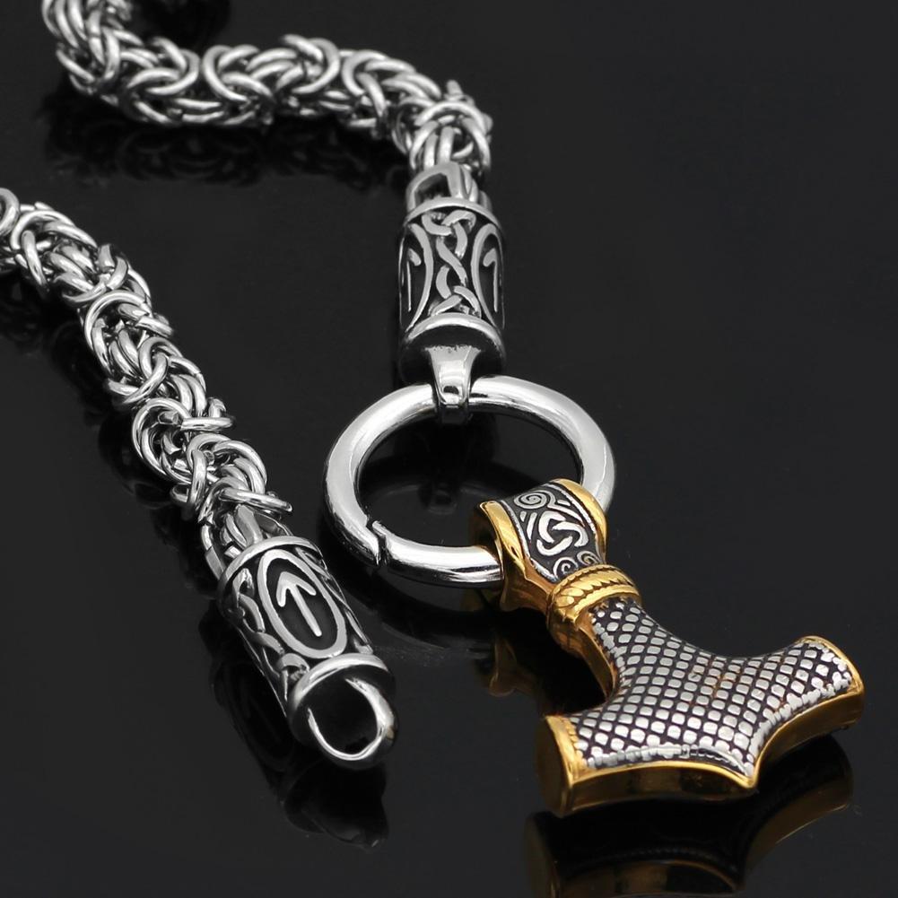 Braided King’s Chain with Runes and Gold-Decorated Mjolnir Pendant