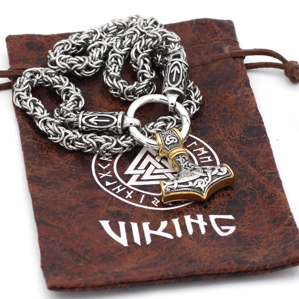 Braided King’s Chain with Runes and Gold-Decorated Mjolnir Pendant