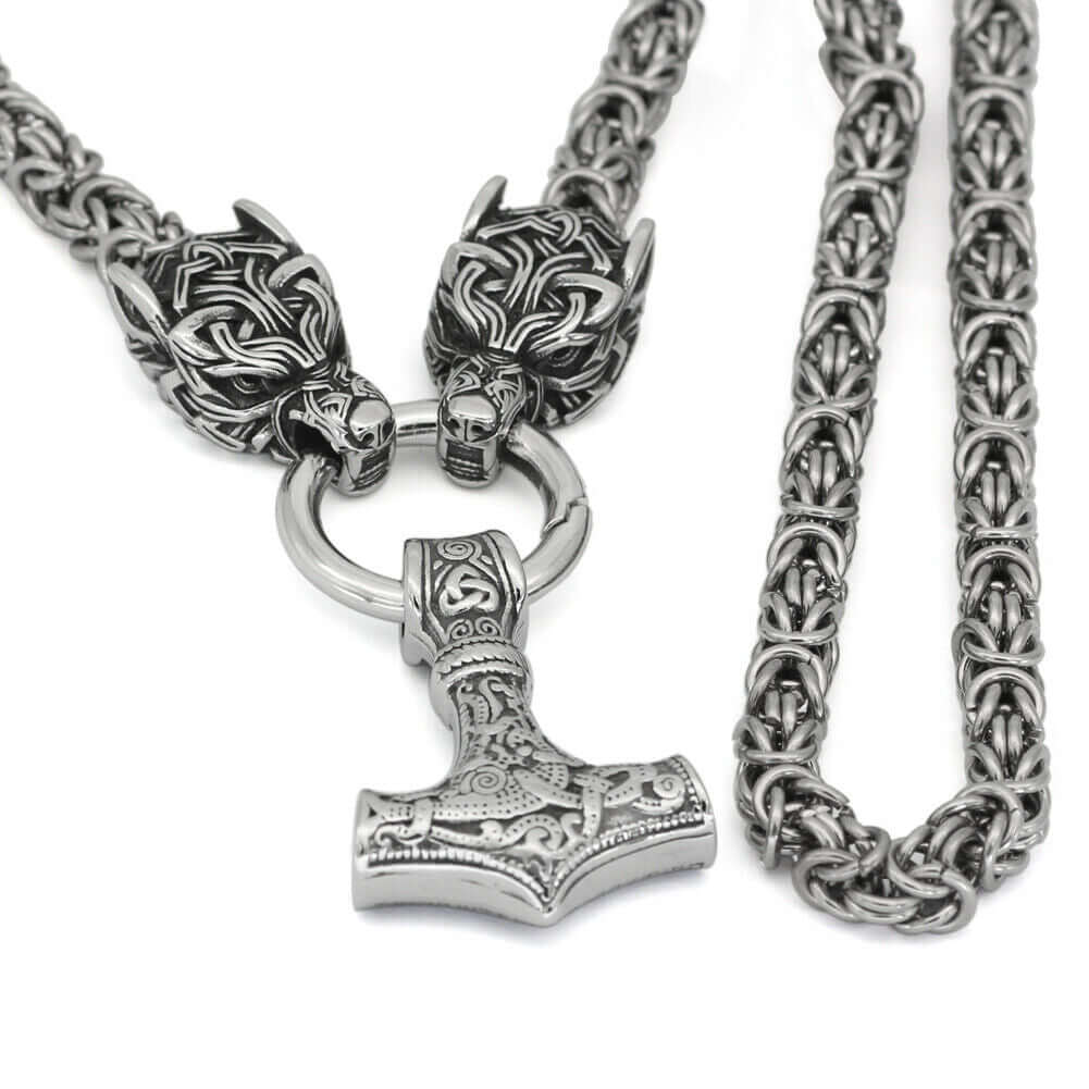 Braided King’s Chain with Two Wolf Heads Holding a Mjolnir Pendant