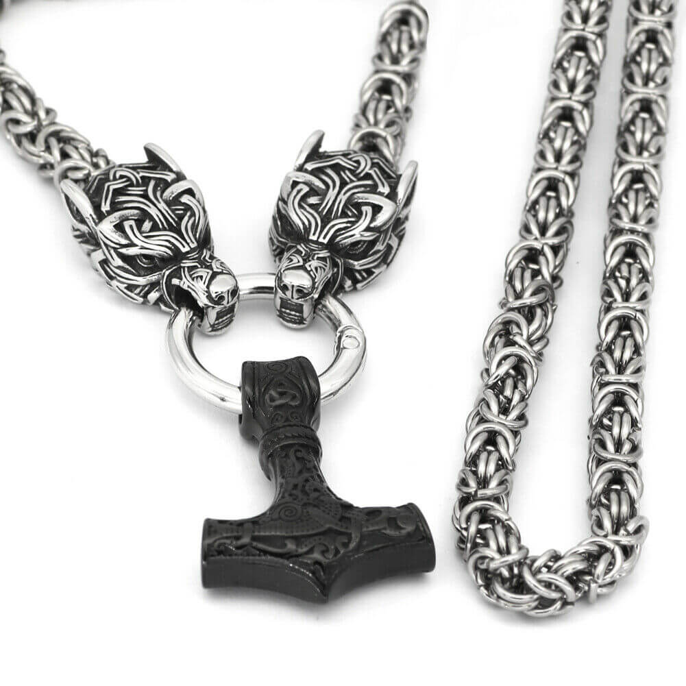 Braided King’s Chain with Two Wolf Heads Holding a Mjolnir Pendant