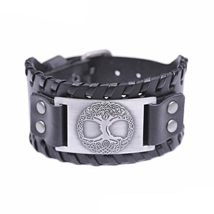 VIKING CUFF TREE OF LIFE - Antique Silver Black - viking leather cuff