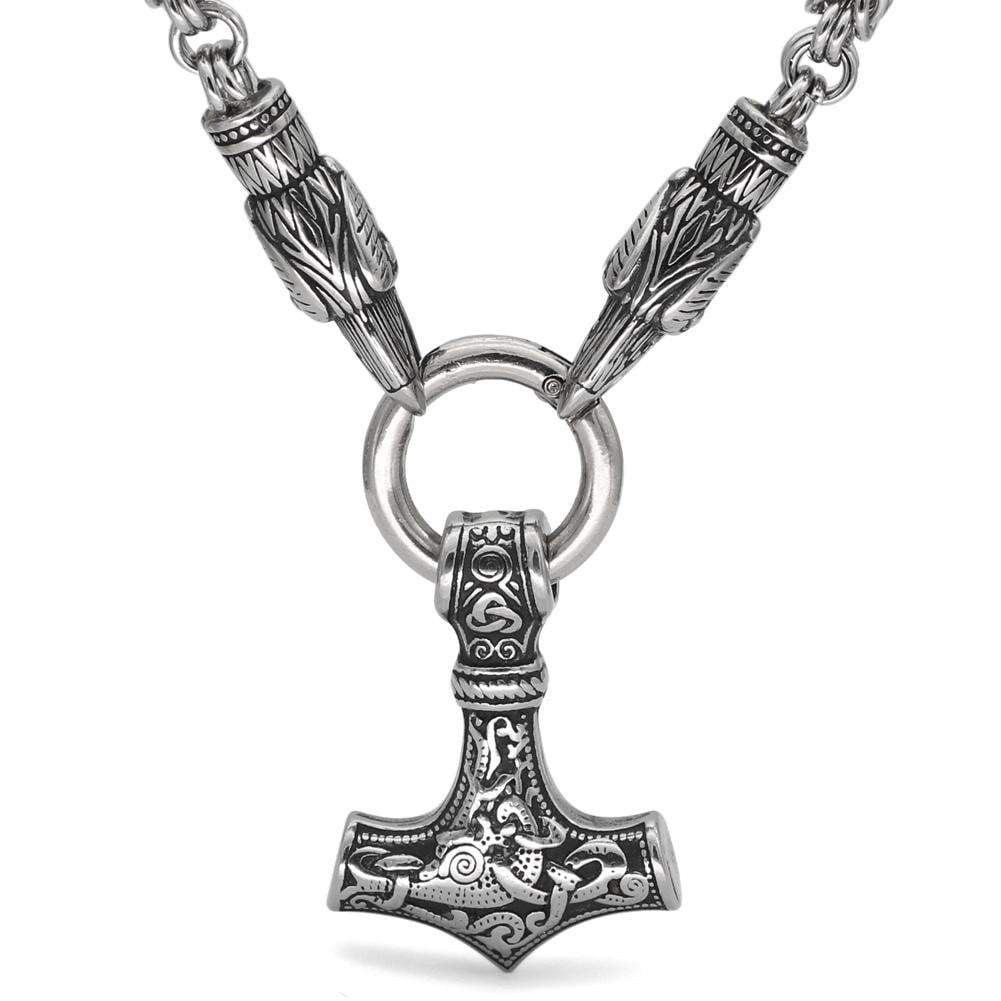 KING CHAIN WITH ODIN'S RAVEN & THOR'S HAMMER PENDANT