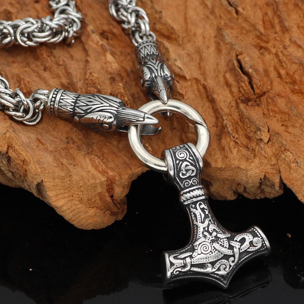 KING CHAIN WITH ODIN'S RAVEN & THOR'S HAMMER PENDANT