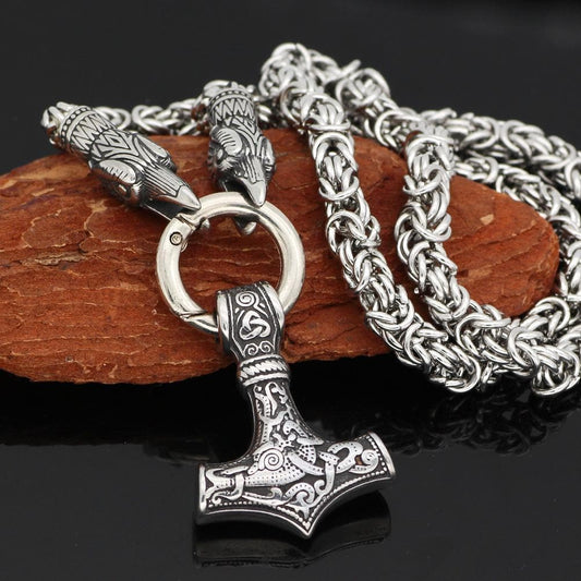 KING CHAIN WITH ODIN'S RAVEN & THOR'S HAMMER PENDANT