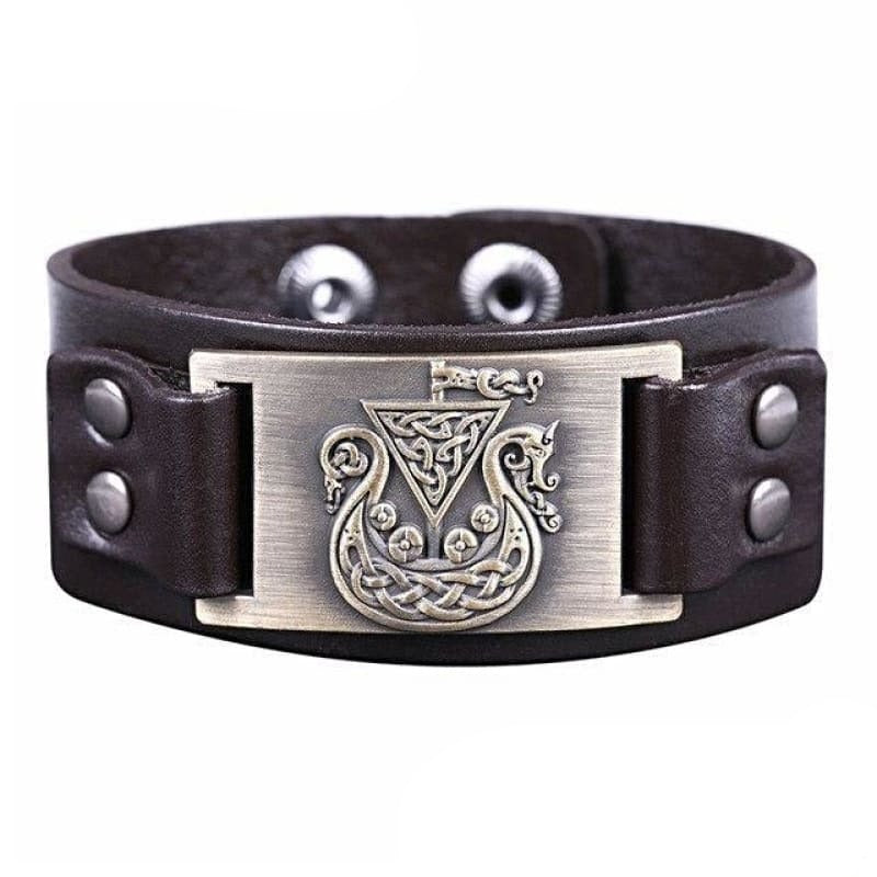 VIKING SHIP DRAKKAR BRACELET - Brown-Bronze / Worldwide - viking leather cuff