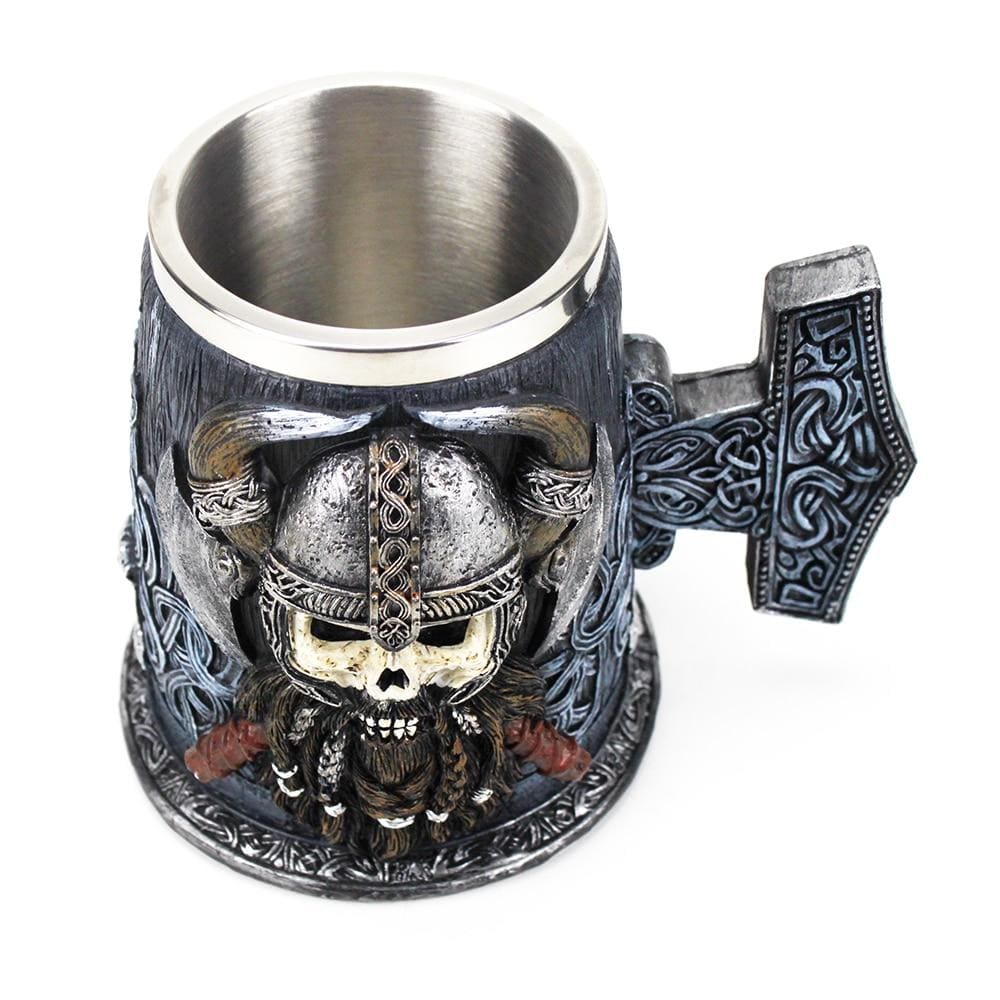 MJOLNIR TANKARD CUP WITH VIKING SKULL AND HORNED HELMET