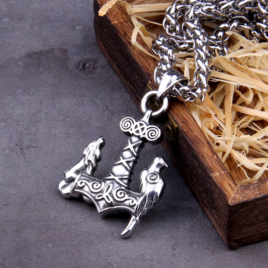 Thors Hammer Kette Wolf und Rabe