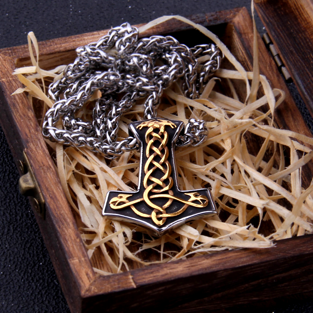 Thors Hammer Kette Goldene geknotete Raben